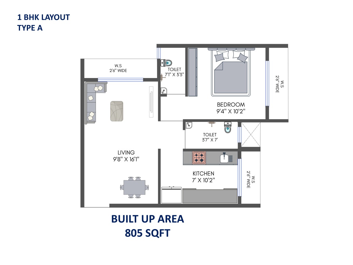 1 BHK Type A Floor Plan – 805 sqft